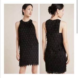 ANTHROPOLOGIE ROXIE TEXTURED FRINGE DOT SHIFT MINI LBD DRESS BLACK